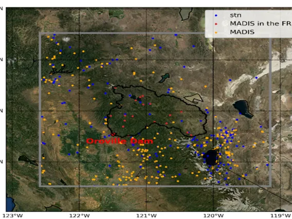 Satellite map of the Oroville Dam and Feather River Basin watershed with records and observations from GHCN and MADIS stations marked on top.