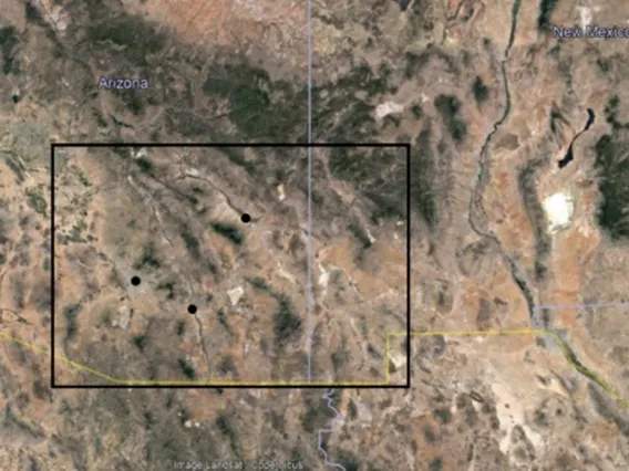 Satellite map of Southeastern Arizona and Southwestern New Mexico with a border around the study area.