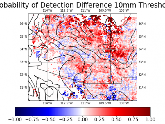 Illustrated graph over Arizona titled:  Probability of Detection Difference 10mm Threshold.