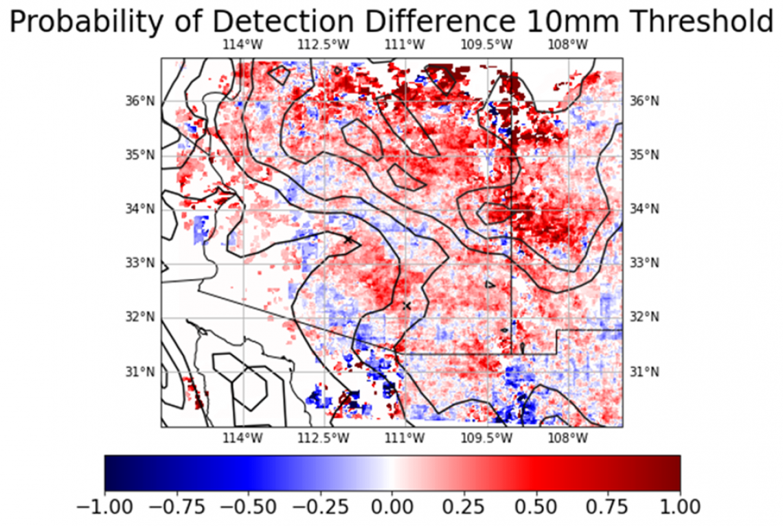 Illustrated graph over Arizona titled:  Probability of Detection Difference 10mm Threshold.
