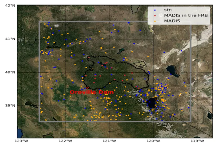 Satellite map of the Oroville Dam and Feather River Basin watershed with records and observations from GHCN and MADIS stations marked on top.