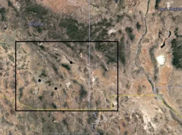 Satellite map of Southeastern Arizona and Southwestern New Mexico with a border around the study area.